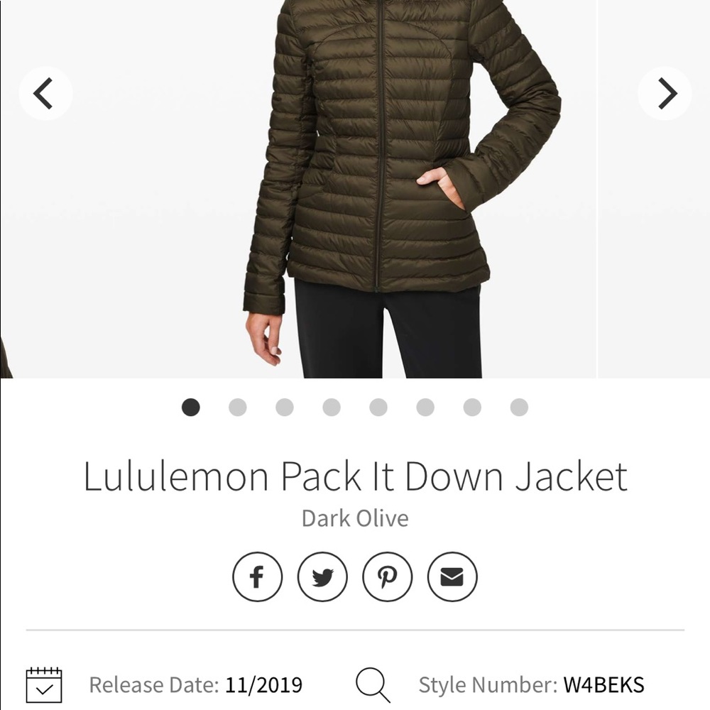 Lululemon Pack it down jacket Dark Olive size 2